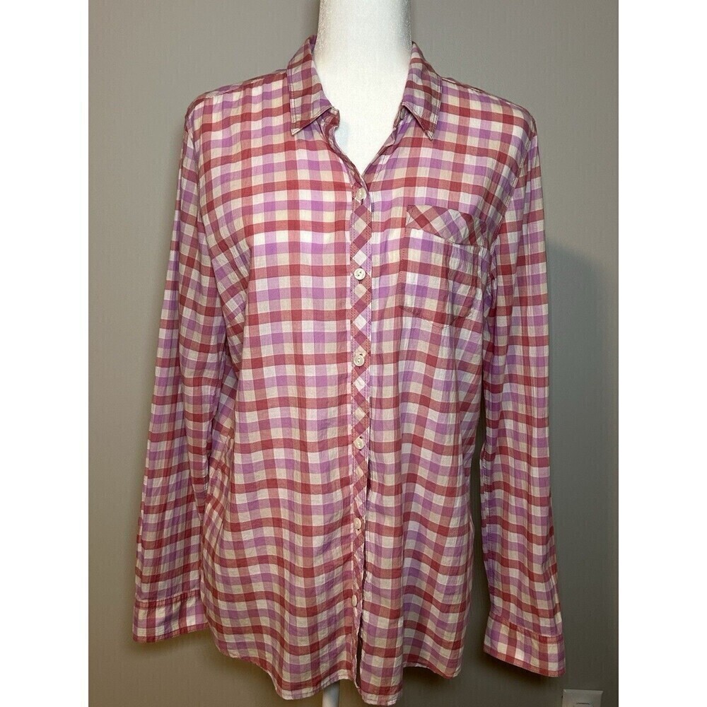 Eddie Bauer Women’s Shirt Pink/Orange Plaid Button Up Classic Fit Size Large